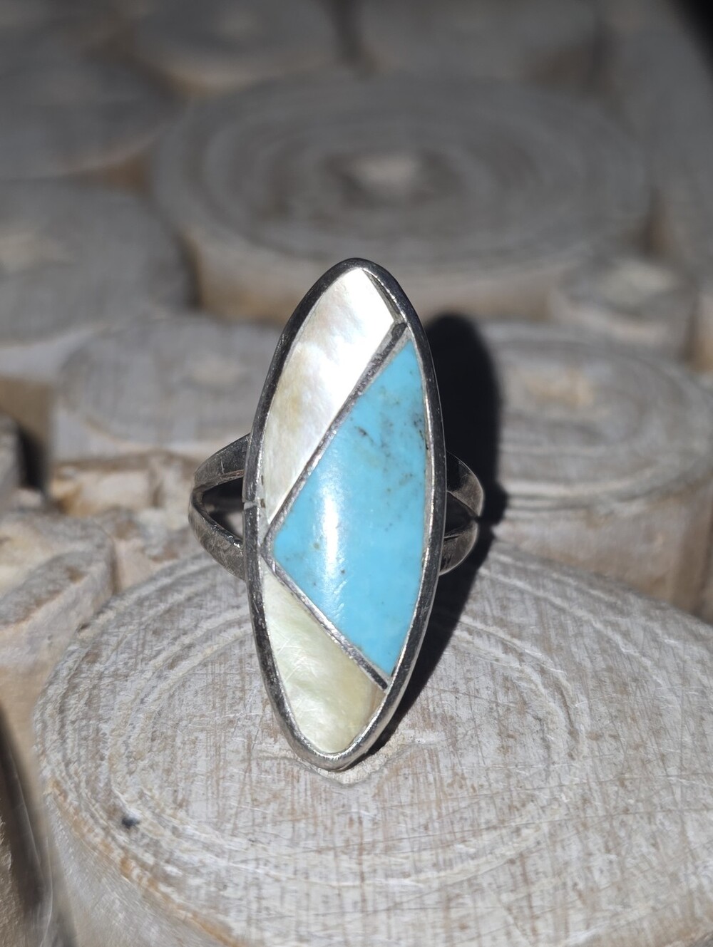 Navajo Sterling Silver, Turquoise & Abalone Ring - Size 6